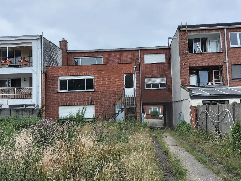 Tylna elewacja budynku i ogród przed rozpoczęciem prac budowlanych.